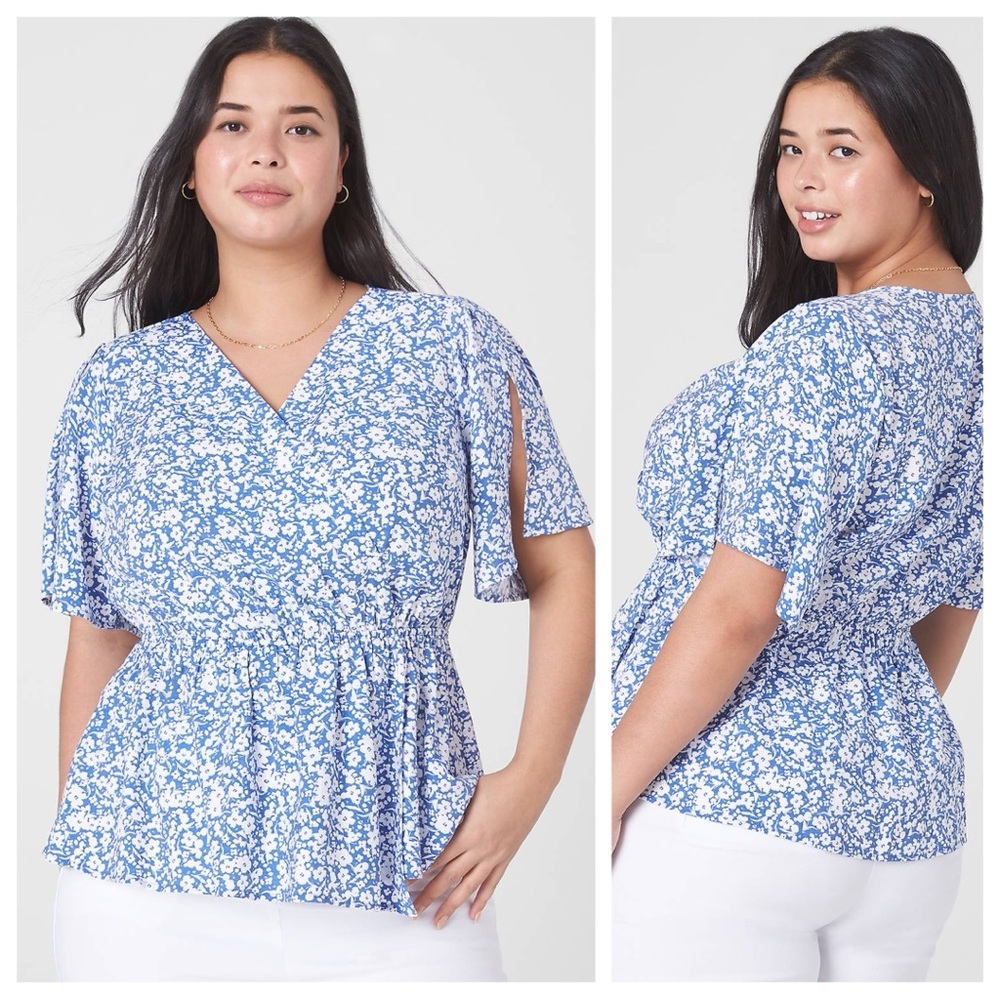 Lane Bryant Blue and White Floral V-Neck Peplum Blouse